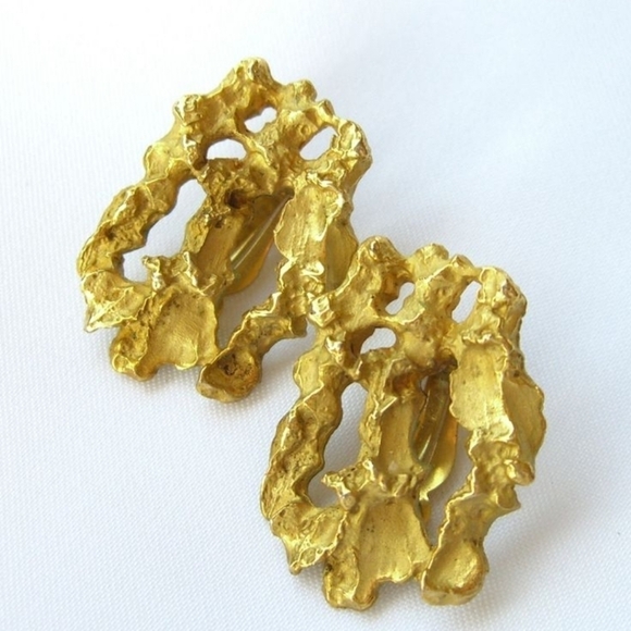 Vintage Smithsonian Earrings, Gold Nugget Replica, Museum Brutalist Style - Picture 1 of 5